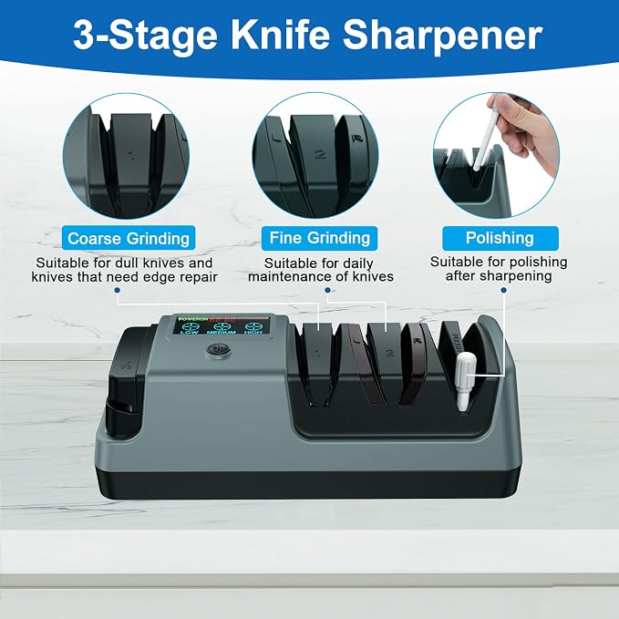 5-in-1 Electric Knife Sharpener for Kitchen Knives, 3-Stage Sharpener with 100% Diamond Abrasive, LCD Screen, Speed Adjustable, Knife Sharpener for All Kitchen Knives Quick Sharpening, Scissors