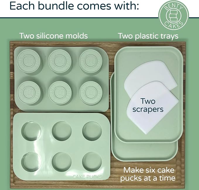 Benty Cakes – The Original Cake Puck Bonus Bundle Set – Better than a Cake Pop! Make Chocolate Covered Desserts – BPA Free Silicone – Includes 1 Mold Set, 2 Trays and 2 Scrapers – Green