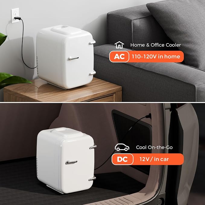 Mini Fridge for Bedroom - 4 Liter/6 Can Mini Makeup Fridge, 110V AC/ 12V DC Portable Thermoelectric Cooler&Warmer for Skincare, Drink, Cosmetic, Medicine, Small fridge for Bedroom, Office, Dorm, Car