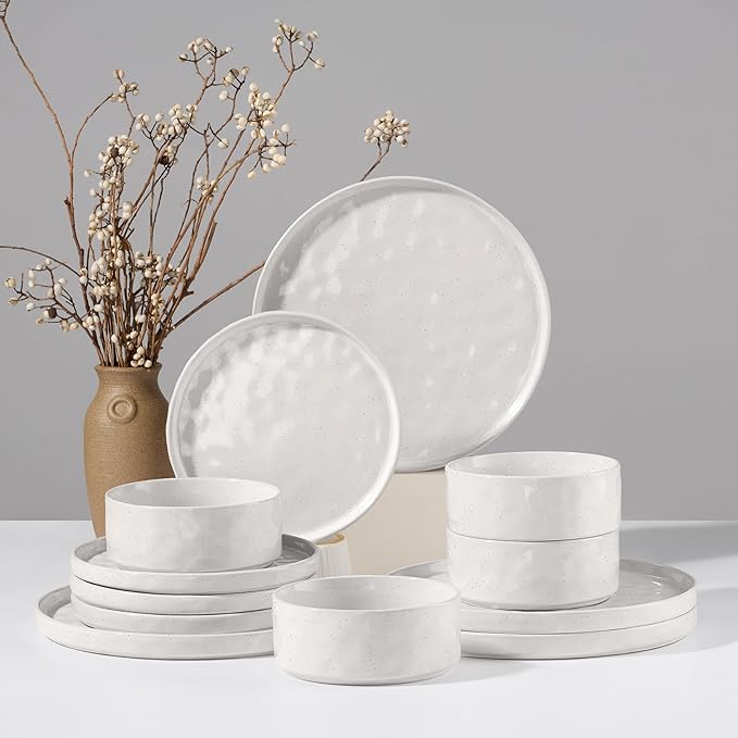HaWare Dinnerware Sets, 12-Piece Plates and Bowls Set, Stoneware Dish Set for 4, Ceramic Dinnerware for Home Restaurant, Chip and Scratch Resistant, Microwave and Dishwasher Safe, Speckled White