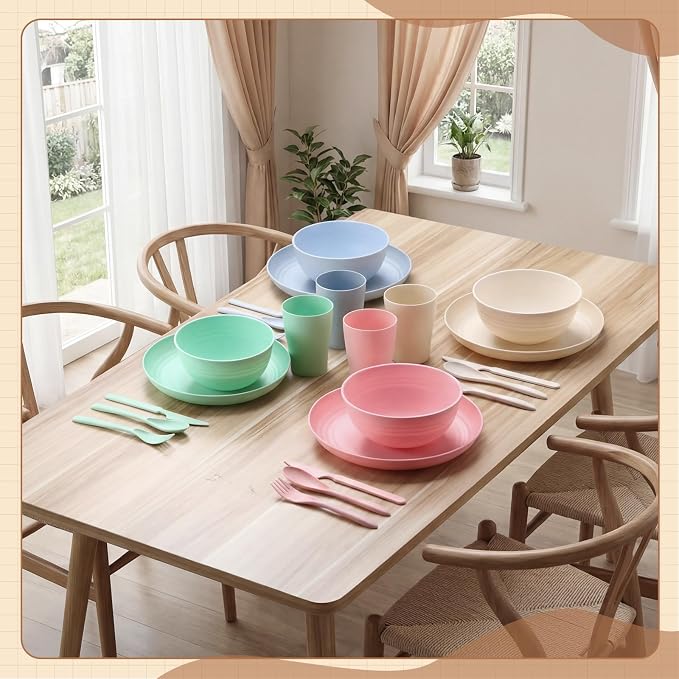 Zhehao 72 Pcs Wheat Straw Dinnerware Sets for 12 Dishwasher Microwave Safe Unbreakable Reusable Kitchen Cups, Plates, Bowls Cultery Sets for Patio, Outdoors, Rv, Camping Dishes(Macaron)