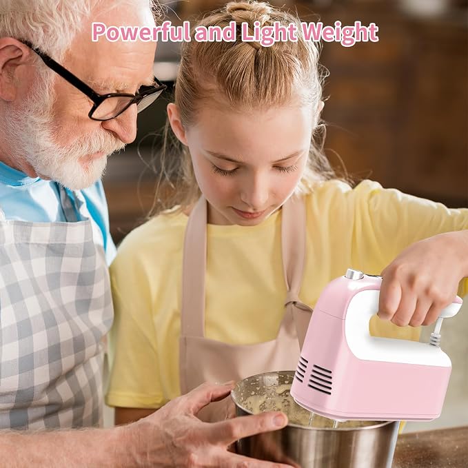 Yomelo 9-Speed Digital Hand Mixer Electric, 400W Powerful DC Motor, Hand Mixer Electric Handheld with Snap-On Storage Case, 5 Stainless Steel Accessories, Beaters, Dough Hooks, Whisk(Pink/White)