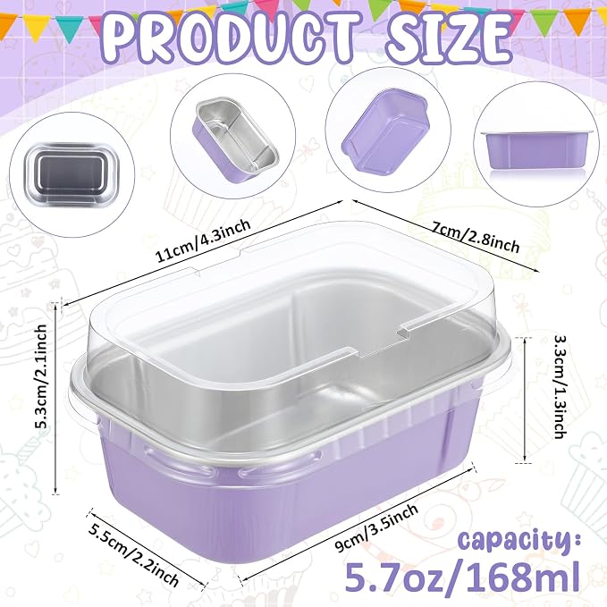 Vesici 100 Sets Mini Loaf Pans with Lids, 5.7 oz Disposable Aluminum Foil Baking Cups, Rectangle Cake Pans for Baking Storage Birthday Party(Purple)