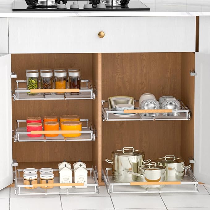 Pull Out Drawer Cabinet Organizer, Expandable Slide Out Storage Shelves - Heavy Duty, Durable and Smooth Slide-Out (1, 2Pack - W:16.3"~26.3", D: 17.2")