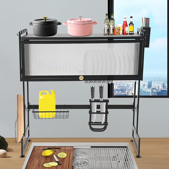 Over Sink Dish Drying Rack, Stainless Steel Dish Drainer Drying Rack Above Sink Storage Organization for Kitchen Sink Black