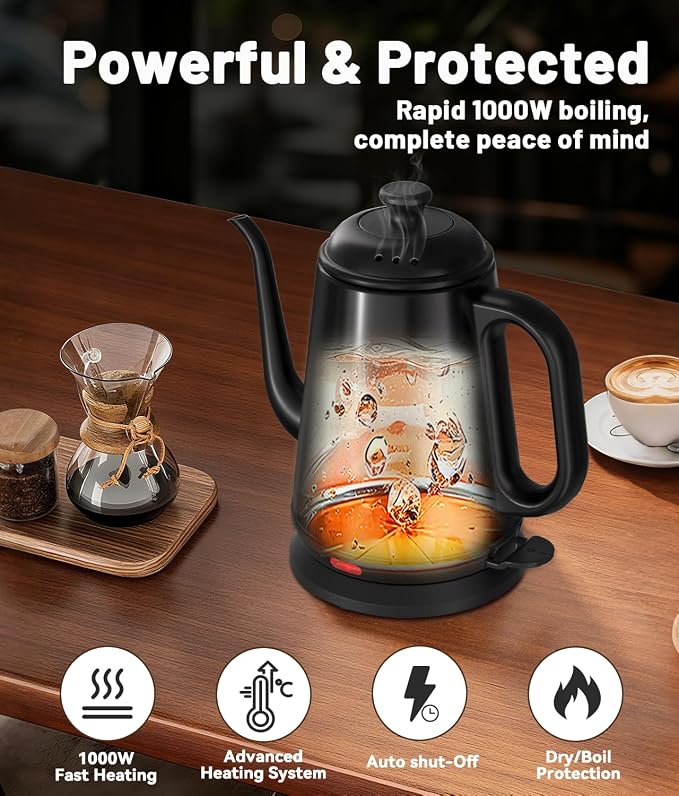 Gooseneck Electric Kettle for Coffee & Tea (Black) | 1L Capacity, 1000W Fast Heating, Stainless Steel, Auto Shut-Off, Boil-Dry Protection, BPA-Free