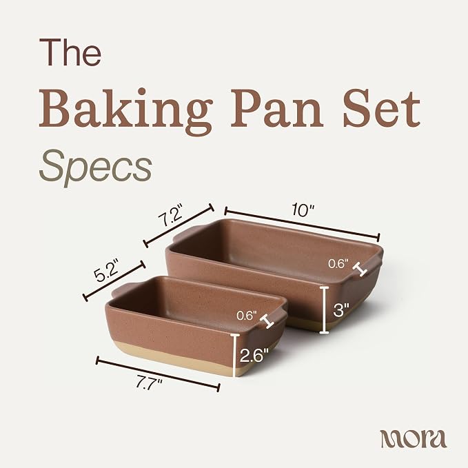 Mora Ceramic Set of 2 Baking Dishes For Casserole, Banana Bread, Brownies, Broiling, Roasting, and Baking. 7x11 in and Loaf Pans - Porcelain Serving Bakeware from Oven to Table. Freezer Safe - Teracotta