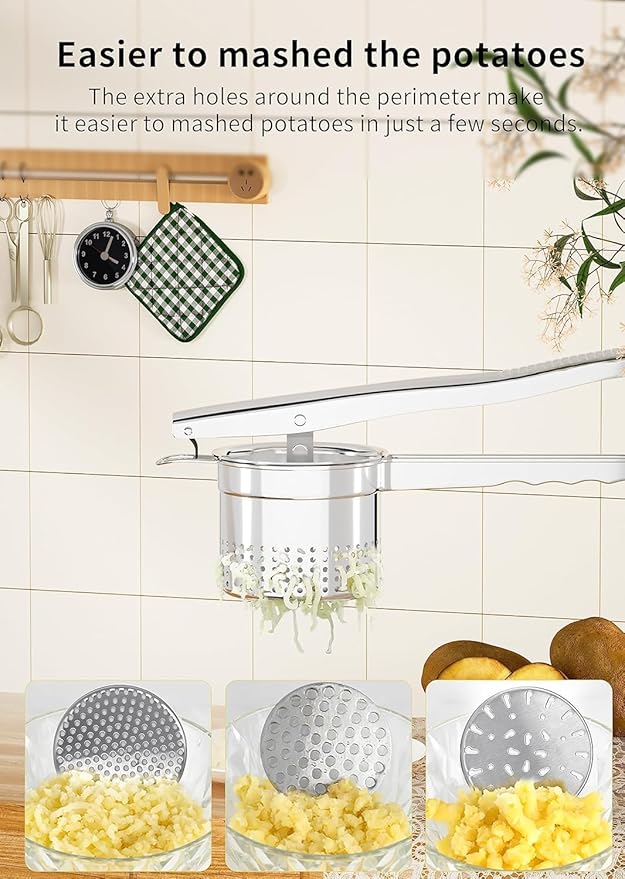 GloTika Large 15oz Potato Ricer with 3 Interchangeable Discs, Heavy Duty Stainless Steel Potato Masher with Ergonomic Handle, Masher and Ricer Kitchen Tool for Mashed Potatoes, Noodle Maker