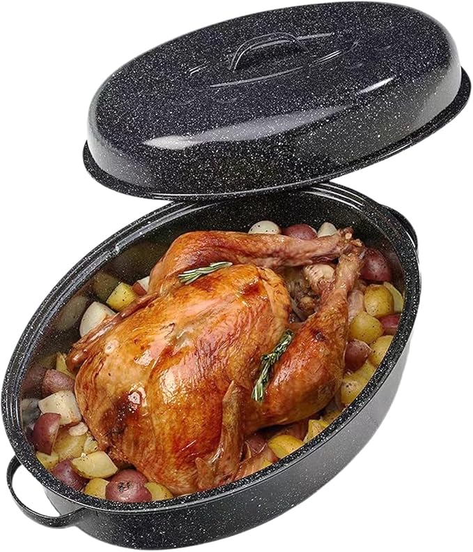 Turkey Roasting Pan With Lid 18in Roaster Pan Enamel Carbon Steel Roaster Pot with 16in Inner Diameter,18 Pound Large Capacity High Temperature Resistance Oval Cookware