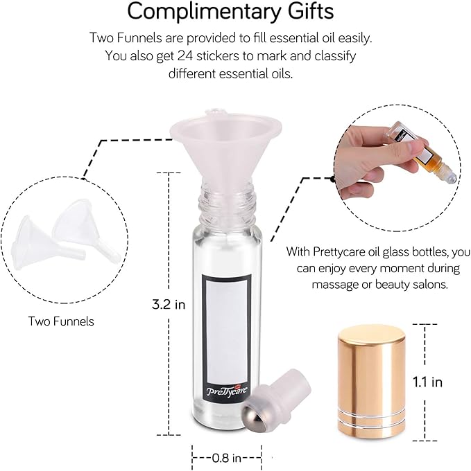 PrettyCare 12 Pack, 10 ml Essential Oil Roller Bottles with Stainless Steel Roller Ball - Refillable Leak-proof Empty Thick Clear Glass Roll on Bottles with Metal Caps for Travel, Perfume