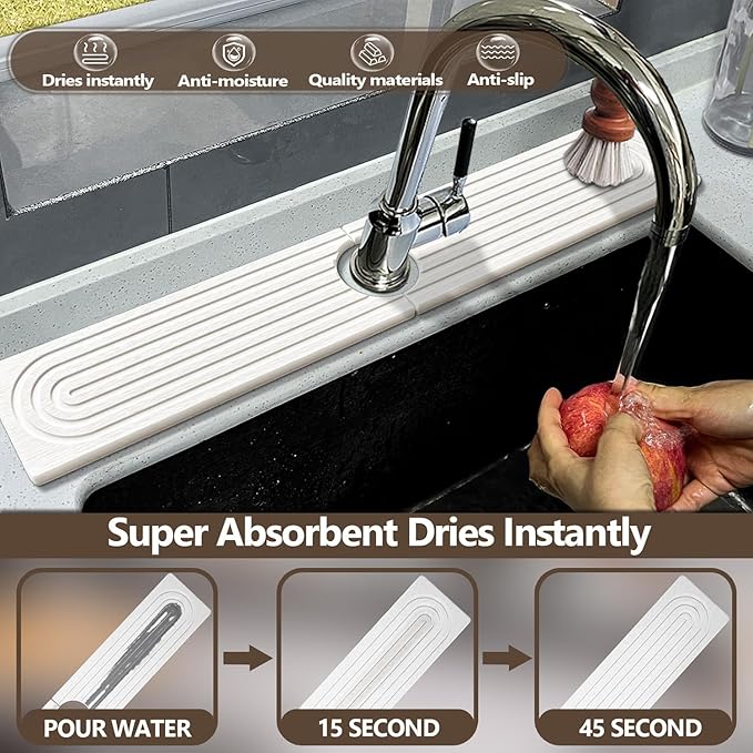 Faucet Mat For Kitchen Sink, 15.7" Diatomite Kitchen Sink Splash Guard, Super Absorbent, Sink Faucet Mat Splash Guard, Faucet Sink Splash Guard For Bathroom Counter (White)