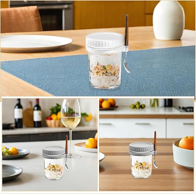 Veemoon 4pcs Overnight Oats Glass Jars with Airtight Lids and Spoons 350ml Mason Jar Containers for Meal Prep, Yogurt Bowls, Portable Breakfast Storage Cups for Home and Travel