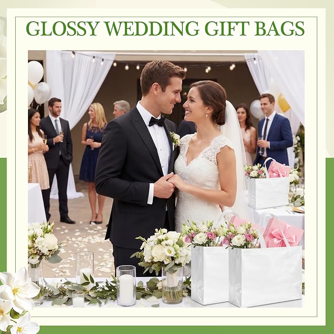 Eccliy Reusable Gift Bags Set Glossy Grocery Gift Tote Bag with Handle for Wedding, Bridal Shower, 4th of July, Summer Event(12 x 11 x 4.7 I Inch,White,80 Pcs)