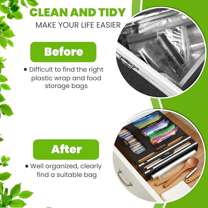 6-in-1 Ziplock Bag Organizer & Plastic Wrap Dispenser with Cutter, Kitchen Drawer Organizer for Food Storage Bags, Foil, Plastic Wrap, Parchment Paper Bamboo Bag Organizer