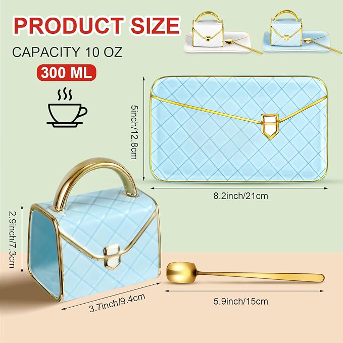 Zubebe 2 Sets Coffee Mug Elegant Handbag Shaped Cup Modern Ceramic Purse Mug with Spoon and Saucer, 10oz Cute Creative Tea Cup for Woman Girls Gift (White,Blue)