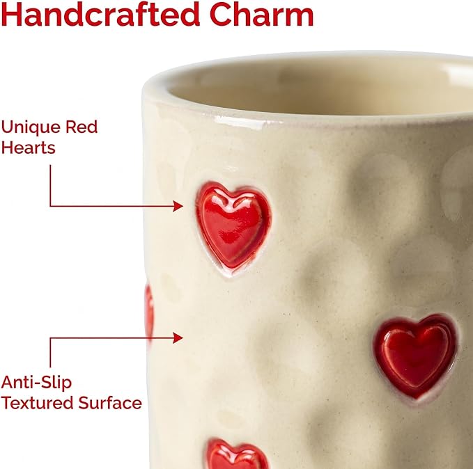 Espresso Cups Set of 4-5oz Ceramic Demitasse Cups with Red Heart Dots, Textured Non-Slip Surface for Grip, Small Coffee Mugs for Espresso, Latte, Cappuccino Home Barista, Dishwasher Safe