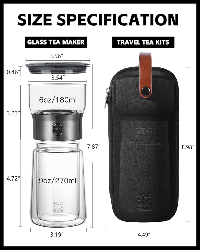 ZENS Modern Tea Infuser Teapot, One Touch Tea Maker for Loose Leaf Tea | Glass Magic Tea Pot, Mess free Tea Steeper with Insulated Mug, Portable Tea Infuser with Case for Tea Lovers