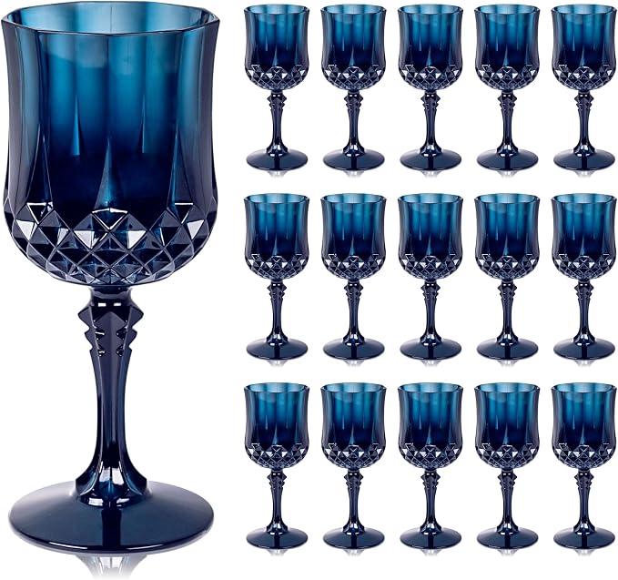 Ciaell 24PCS Blue Plastic Wine Glasses - 7 Oz Plastic Goblets for Party - Blue Vintage Drinking Glasses - Disposable Water Goblets Set for Wedding, Bar, Wine, Beer, Juice