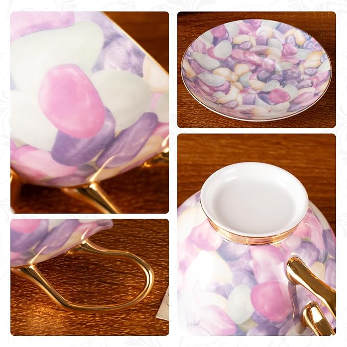 KAMMAK Tea Cups and Saucers Set of 2, Porcelain Coffee Cups, Stackable Espresso Mugs, Ceramic Demitasse for Coffee, Cappuccino, Latte, Americano, Tea, Pebble
