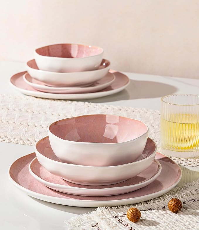 GBHOME Stoneware Dinnerware Sets for 6, 24 Pieces Rustic Ceramic Plates and Bowls Set, Handmade Reactive Glaze Plate Sets, Highly Chip Resistant Dishes, Microwave & Dishwasher Safe, Pink