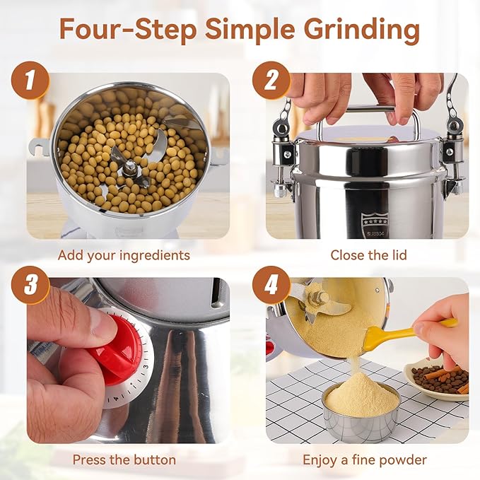Electric Grain Mill Grinder - 2000W High-Speed 750g 304 Stainless Steel Professional Grain Mill & Spice Grinder for Kitchen and Coffee Shop - Grinds Grains, Coffee, and Dry Spices with Easy Operation