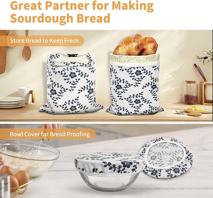 2 Pack Reusable Beeswax Bread Bags for Sourdough: Natural Cotton Storage Bag with 2 Pack Bowl Covers for Bread Proofing, Easy to Clean Freezer Food Bags, Keep Your Loaf Fresh for Days, XL 17x13 Inch