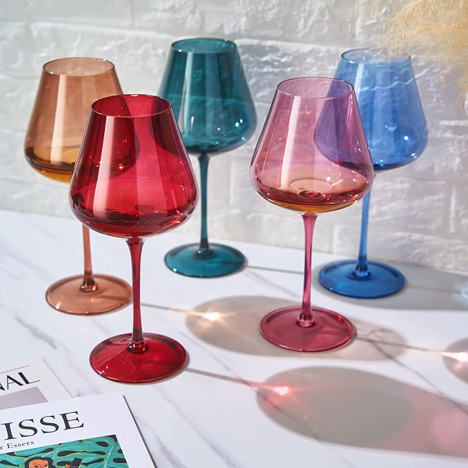 Khen Flower Blooms Colored Crystal Wine Glass Set of 5, Large 20 OZ Stemmed Glasses, Italian Style Tall Drinkware for Red & White Wine, Water, Dinner, Beautiful Gift Glassware