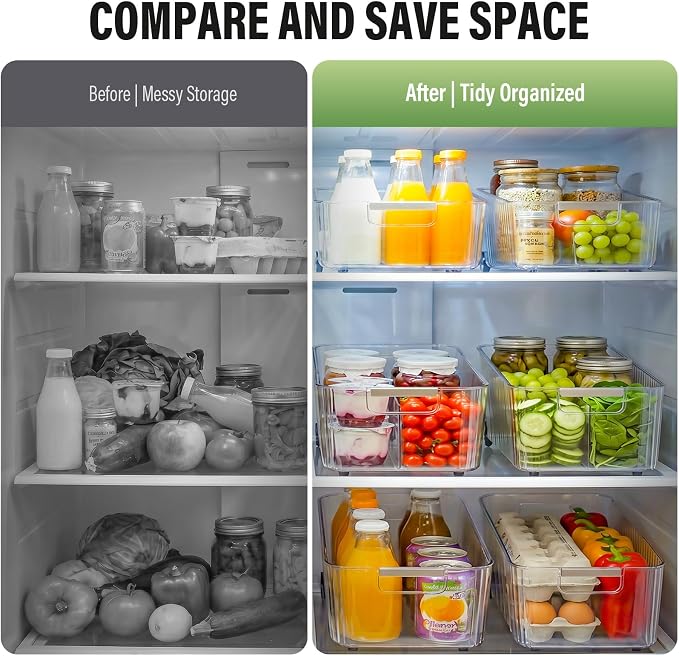 Fridge Organizer Bins with Wheels, Pull Out Fridge Organizer, Adjustable Dividers and Easy Pull Handles, Clear Plastic, 2-Pack, Suitable for Kitchen, Pantry and Cabinet Deep Shelves