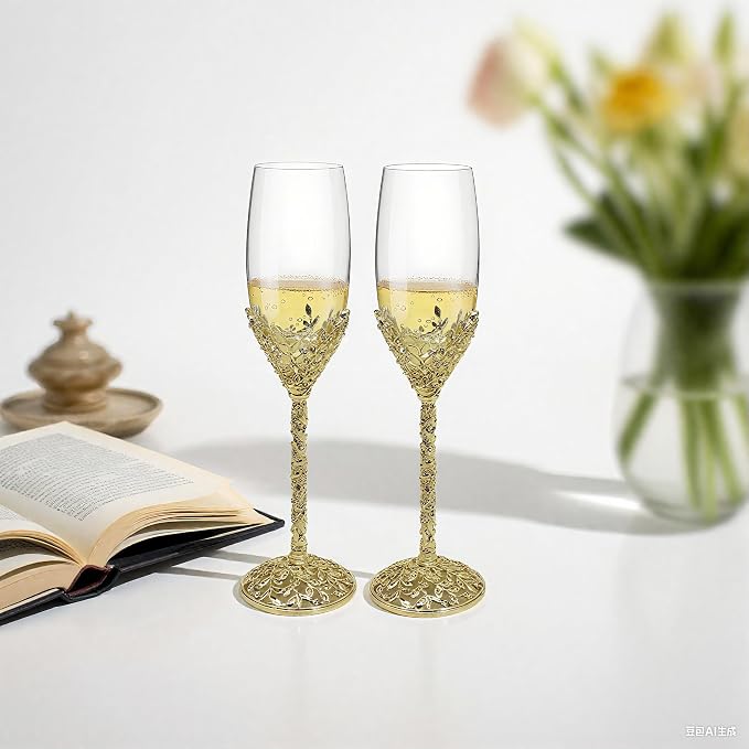 Gold Champagne Flutes -His and Hers,Wedding Toasting Glasses for Wedding,Engagement Celebrations, Bridal Shower and Registry Idea,Wine Glasses for Bride and Groom Gifts,7oz (Light Glod)