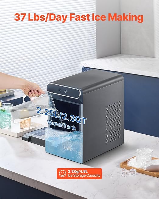 VEVOR Nugget Ice Maker, 37lbs/24H, with Self Cleaning, with Ice Scoop and Basket, Stainless Steel Ice Machine with Convenient Ice Transfer for Home Kitchen Office