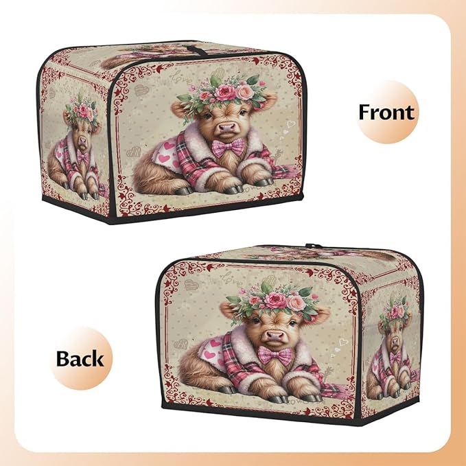 Valentine Day Highland Cow Toaster Cover 4 Slice Dust and Fingerprint Protection Toaster Bread Maker Covers Washable Kitchen Small Appliance Covers for Kitchen Accessories Decor Bakeware Women Gift