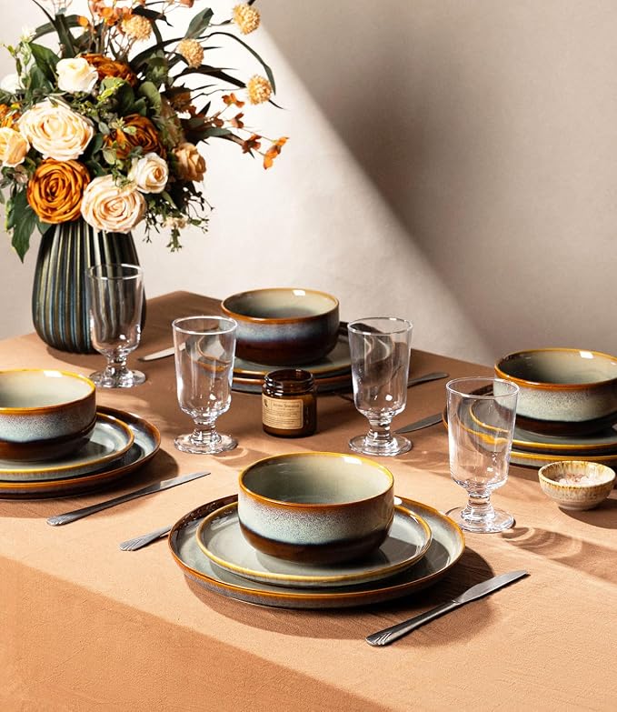 Ceramic Dinnerware Sets for 8, 24 Pieces Handmade Reactive Glaze Plates and Bowls Set, Scratch Resistant Dish Set, Oven & Microwave & Dishwasher Safe, Dusk Blue