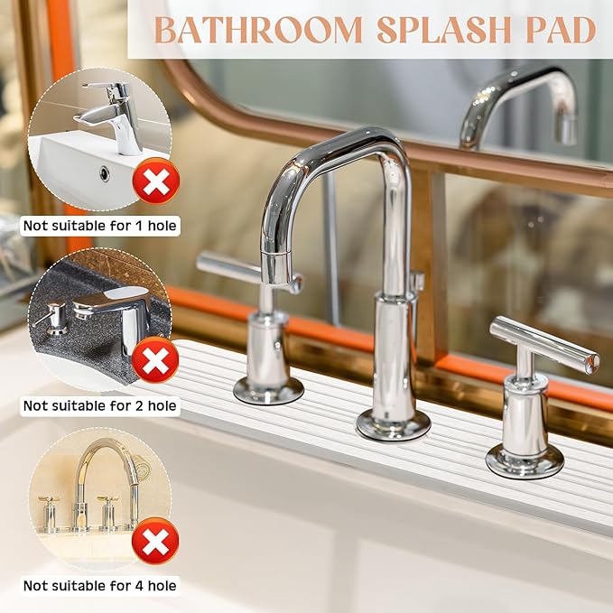 Teenyyou 3 Hole White Faucet Mat for Kitchen Sink Bathroom 16.1" x 5" Kitchen Faucet Absorbent Mat Diatomite Splash Guard Quick Drying Stone Drip Catcher Hole 2.24" Holes Spaced About 1.77 "