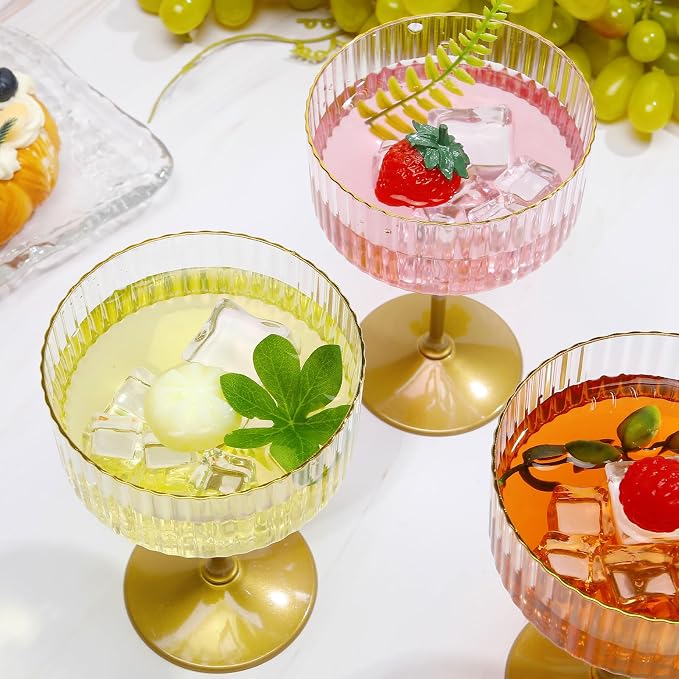 Jingmore 12 Pcs Ribbed Martini Glasses 10 oz Disposable Plastic Vintage Ribbed Coupe Glasses with Gold Rim Cocktail Unbreakable Dessert Parfait Glassware for Wedding Party Supplies (Gold)