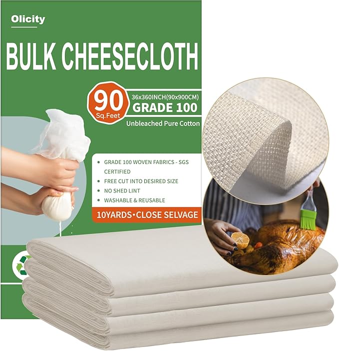 Olicity Cheese Cloth Roll,Grade 100,3x30Ft, 90 Sq Feet, Reusable Cheese Cloths with Closed Edges Fabric Fine Mesh Cloth, Unbleached Cotton Muslin Bulk Cheesecloth Roll for Straining, Crafts - 10 Yards