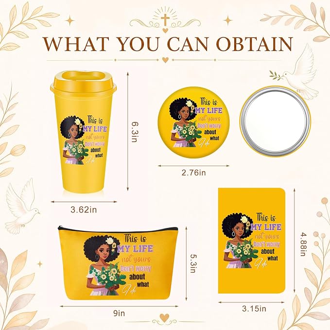 Hollowfly 12Set/48Pcs African Americans Black Women Christian Gifts Set Include 16oz African American Cup with Lid, Makeup Bags, Mirrors, Notepad, Black Owned Inspirational Gift for Women(Colorful)