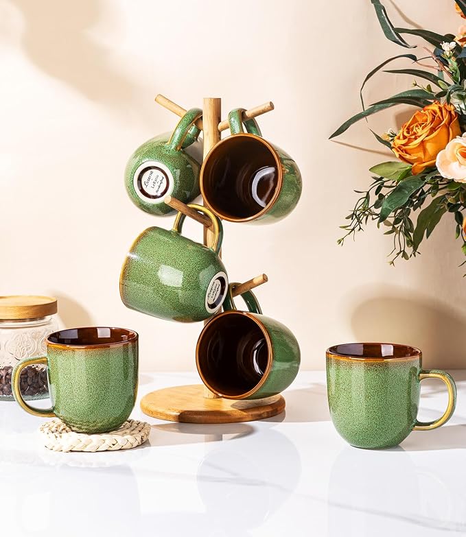 LERATIO Ceramic Coffee Mugs Set of 6,12oz Handmade Coffee Mugs Set with Large Handle for Cappuccino/Latte/Tea/Hot Cocoa, Dishwasher & Microwave Safe-Sage Meadow Green
