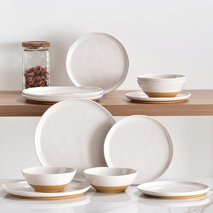 Melamine Dinnerware Sets of 12 Pcs, Kitchen Plates and Bowls Set for 4, Unbreakable Dishware Sets for Patio, RV and Camping, Dishwasher Safe (Ivory)