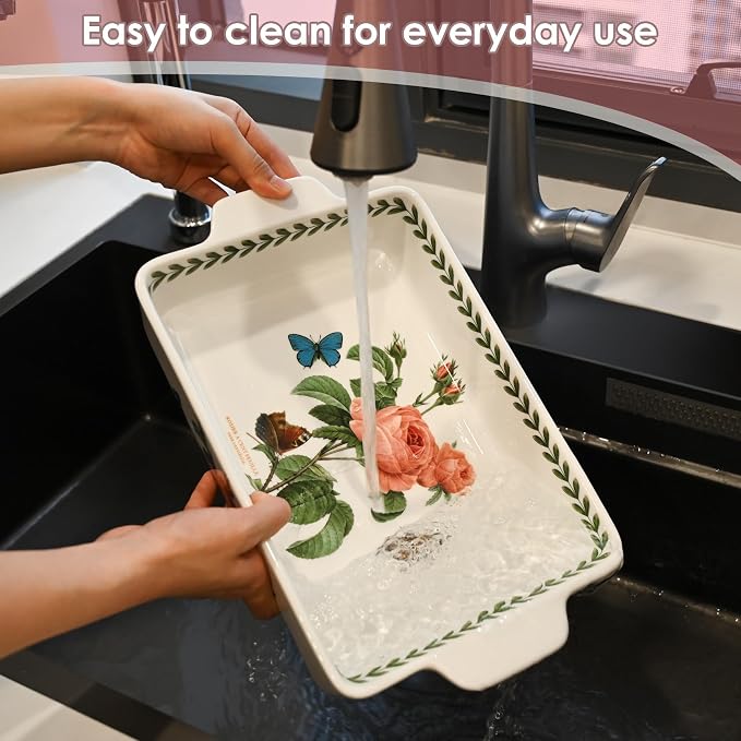 ACMLIFE Ceramic Casserole Dish Set, Ceramic Baking Dish for Oven, Casserole Dish Bakeware Set, Casserole Dishes for Oven, Lasagna Pan, Large Baking Dishes with Handles, Microwave, Dishwasher Safe, Gift Packaging Floral 2 Pcs Set(13"x8"+10.3"x6.3") (Rose)