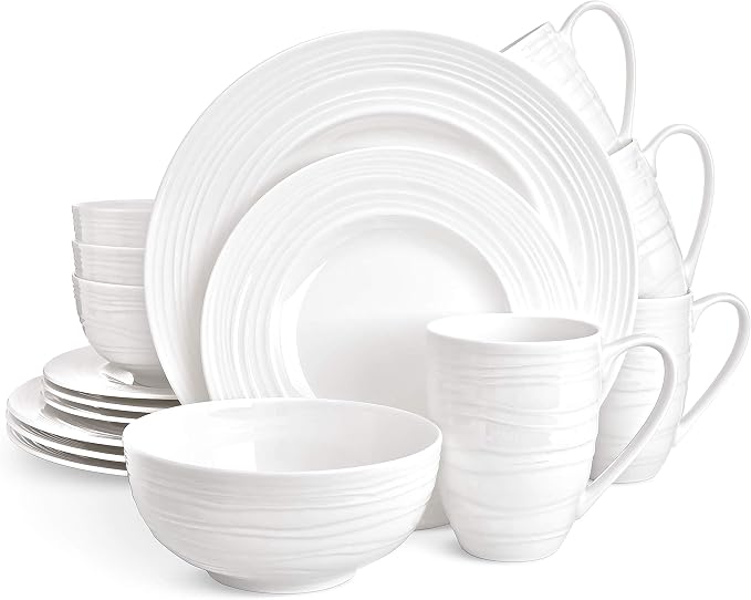 Divitis Home Infinity bone china dinnerware set - 16 piece round dinnerware set, includes soup bowls, dinner plates and salad plates