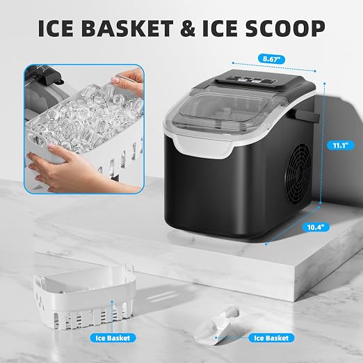 Antarctic Star Countertop Ice Maker, Portable Ice Machine with Carry Handle, 26.5Lbs/24H, 2 Sizes Bullet Ice, 8Cubes in 6 Mins Office/Kitchen/Bar Upgrade Black
