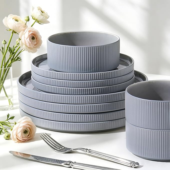 Dinnerware Sets for 4, Ceramic Plates and Bowls Set 12 Piece Dinnerware Chip Resistant Stoneware with Advanced Inkjet Printing Technology, Dishwasher and Microwave Safe-Dusty Blue