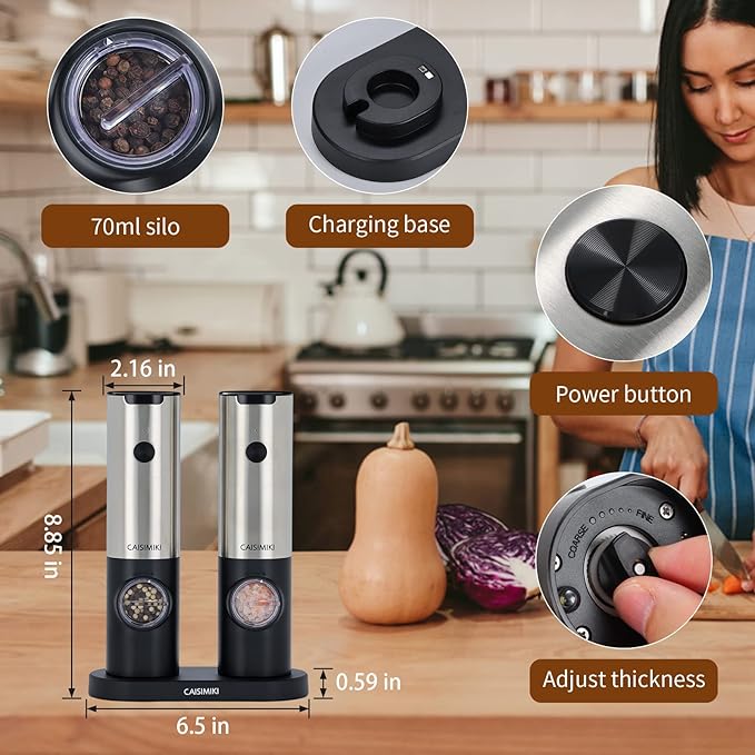 Electric Salt and Pepper Grinder Set Rechargeable Automatic Pepper Mill Grinder Stainless Steel Kitchen Gadgets Adjustable Coarseness Shakers, One Hand Operation, 2 Pack