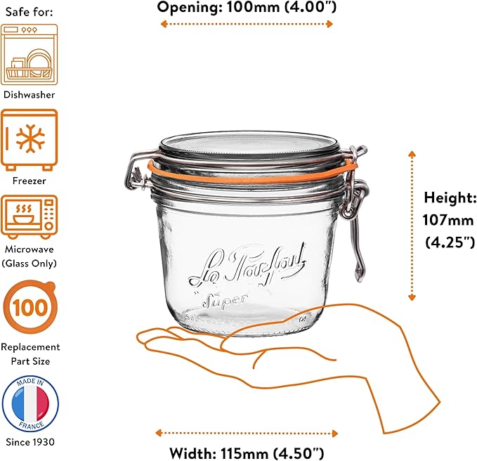 Le Parfait Super Terrine 500mL (16oz) Zero Waste Eco-Friendly Glass Canning Jar, Airtight Rubber Seal & Wire Bail Lid, BPA-Free, Water Bath Safe for Food Storage & Preserving, Made in France