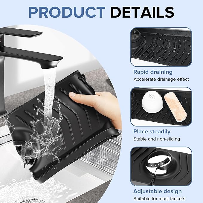 Kitchen Sink Faucet Mat,30in New Foldable Faucet Mat for Kitchen Sink, Adjustable Waterproof Splash Guard Draining Mat,Keep Countertops Dry (Black,29.9" x 5.7)