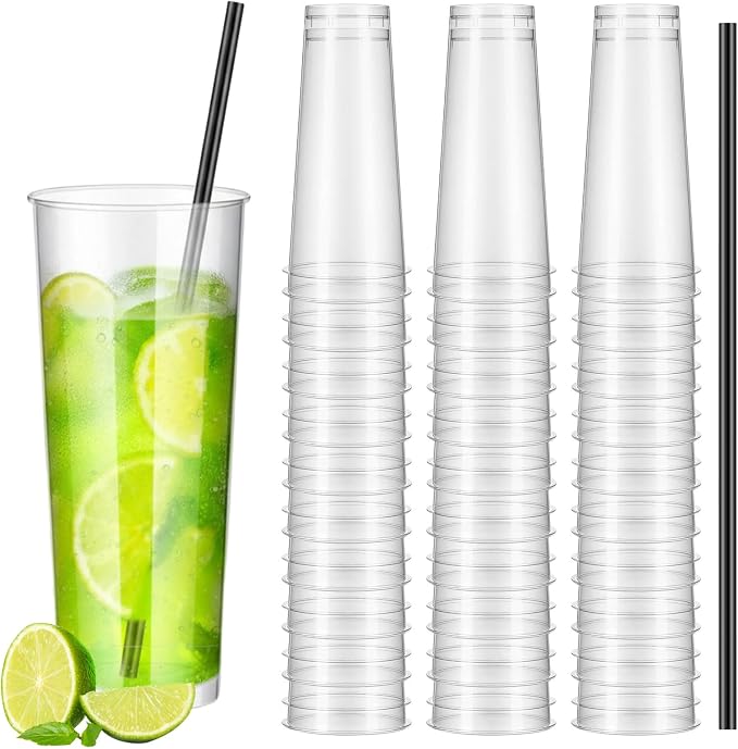 Plastic Highball Glasses with Straws(Set of 48), 16 oz Shatterproof Drinking Cups, Tall Whiskey Collins Glass with Straws, Smoothie Tumbler Mojito Cocktail Cups for Wedding Fall Xmas Party