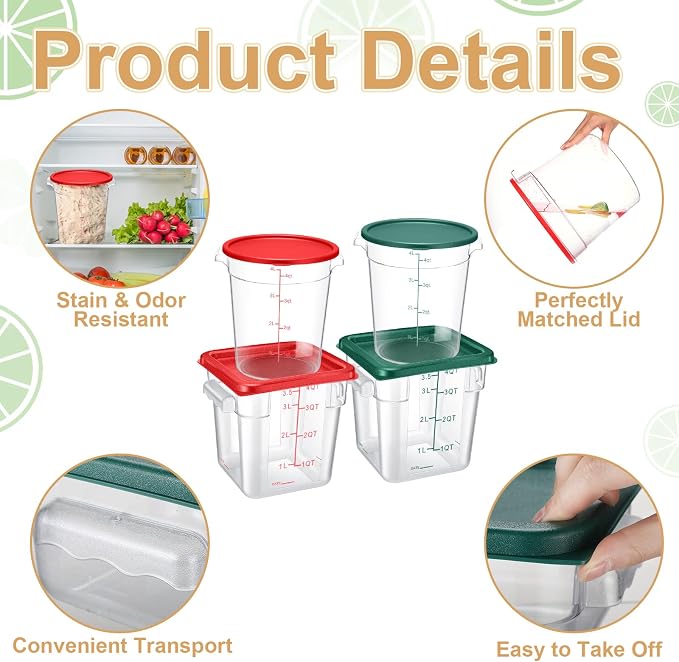 Blushtier 4 Pcs Food Storage Container with Lids Set 4 Qt Square and Round Clear PC Commercial Containers with Scale Handle for Home Restaurant Kitchen Food Storage, Dough Rise, Flour(Green and Red)