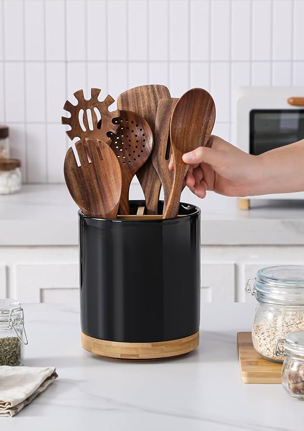 LoeJan 3 Compartment Utensil Holder, Extra Large Utensil Crock, Stable Ceramic Utensil Organizer, Cooking Tool Organizer Set for Kitchen Counter Farmhouse Decor (D-Black(Grossy))