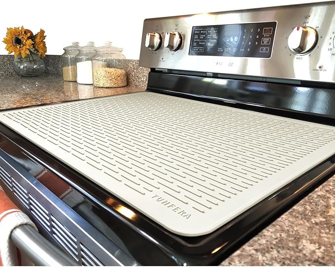 YUHFERA Stove Top Cover for Electric Stove - Silicone Stove Mat for Glass Top, Glass Cooktop Protector, XL Dish Drying Mats For Kitchen,Oven Covers for Electric Stove (Beige,30 x 21)