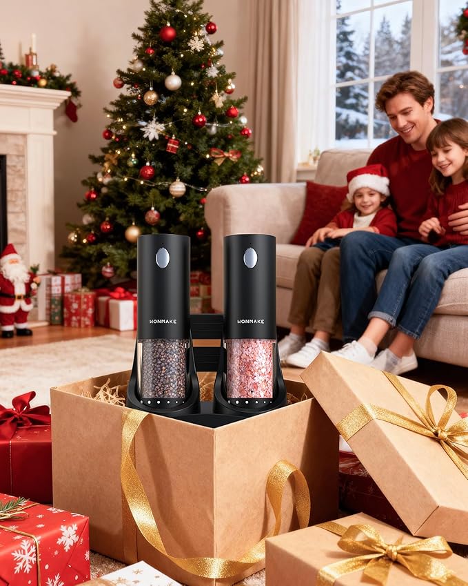Electric Salt and Pepper Grinder Set - Automatic Refillable Salt and Pepper Grinders with Charging Base & LED Light, Adjustable Coarseness, One-handed Easy Operation, Ideal Kitchen Gadget